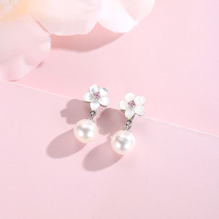 Dainty Sakura Pearl Earrings 925 Silver
