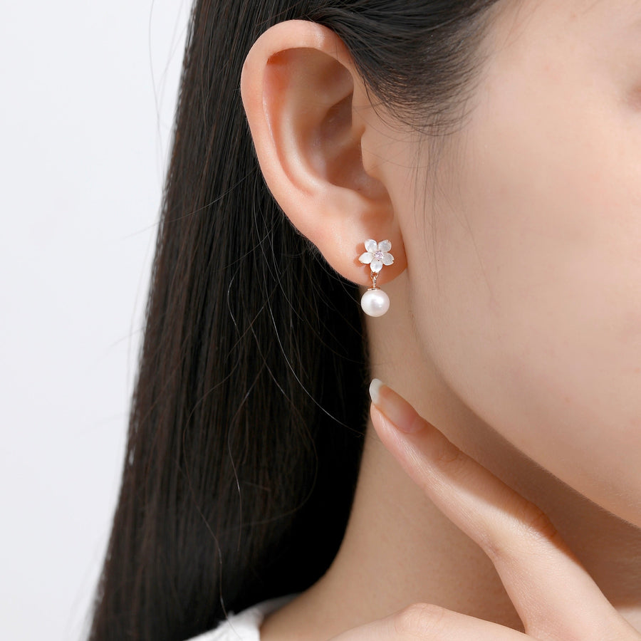 Dainty Sakura Pearl Earrings 925 Silver