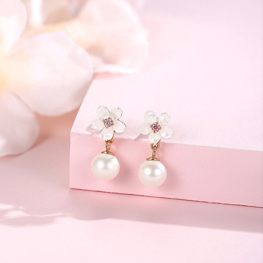 Dainty Sakura Pearl Earrings 925 Silver