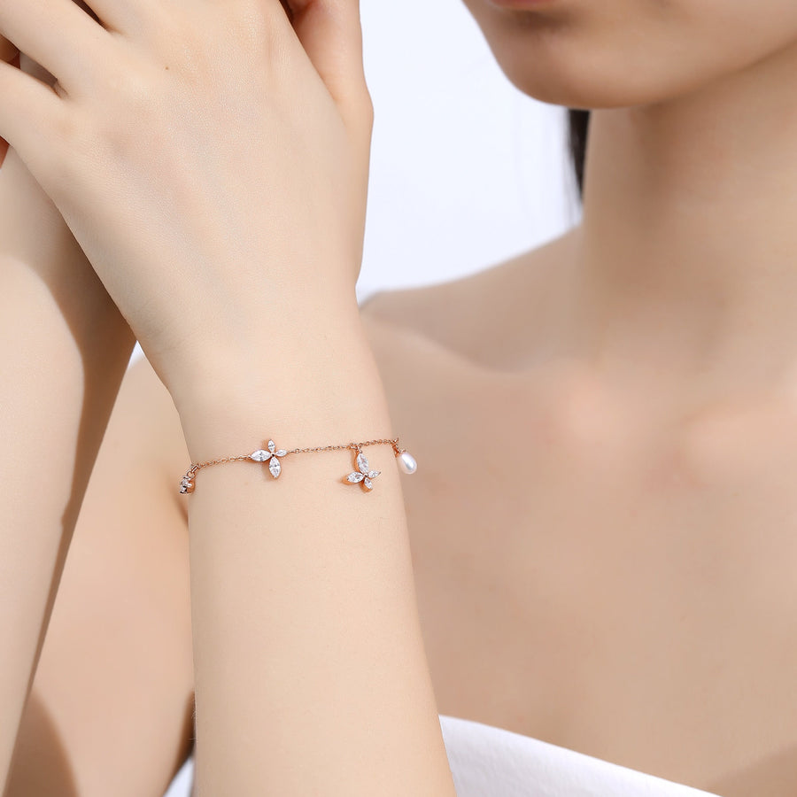 Elena Clover Butterflies Freshwater Pearl Bracelet