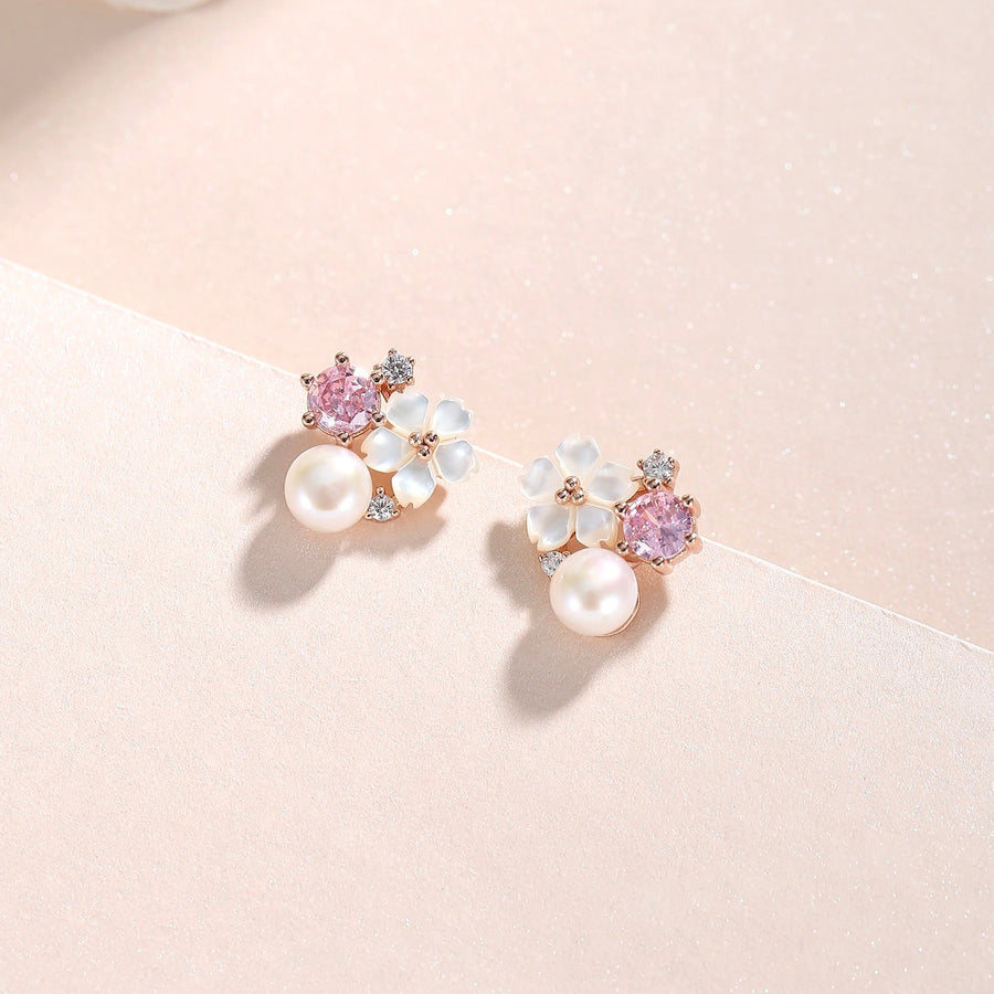 Mina Pink Sakura Flower Pearl Earstud 925 Silver