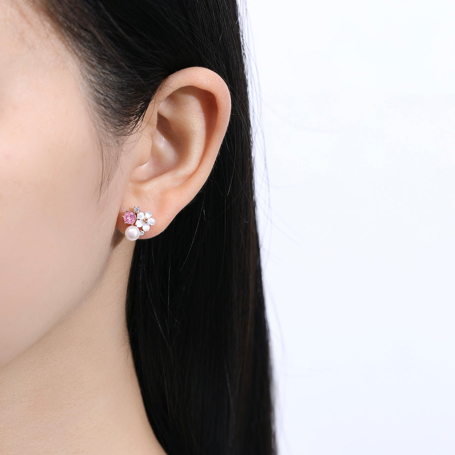 Mina Pink Sakura Flower Pearl Earstud 925 Silver