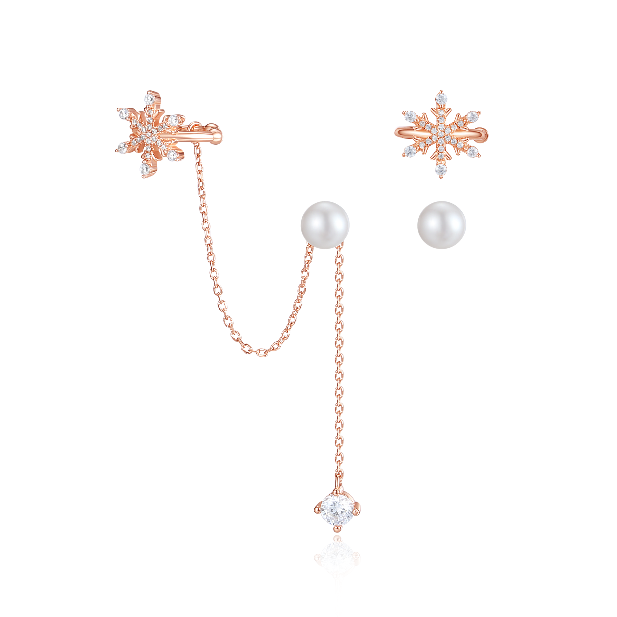 Snowflake Dangling Pearl Earrings & Cuff Set 925 Silver (Few Ways Wearing)