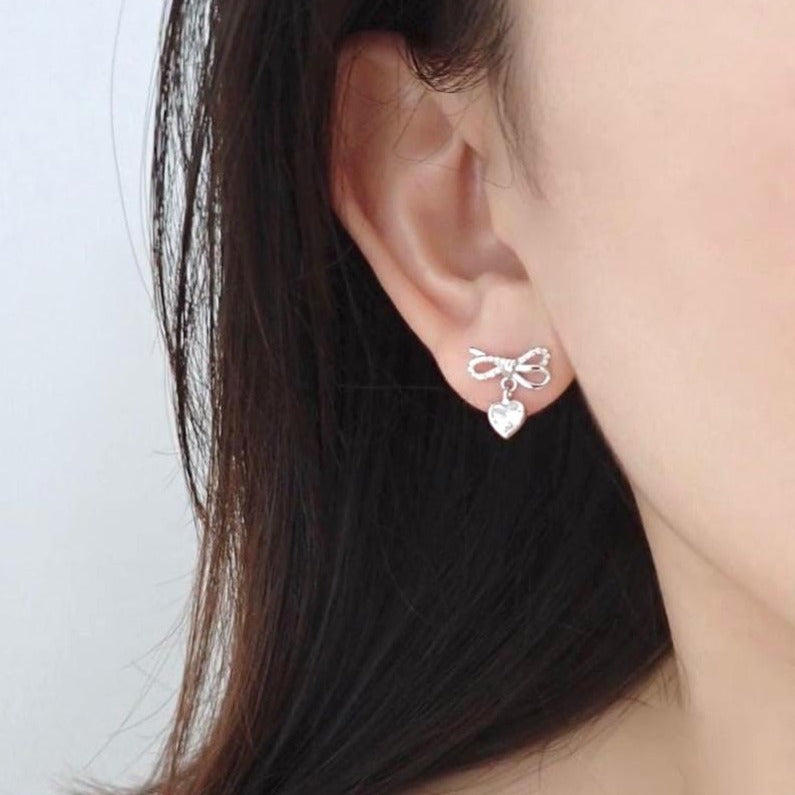 Dainty Ribbon Heart Earrings 925 Silver