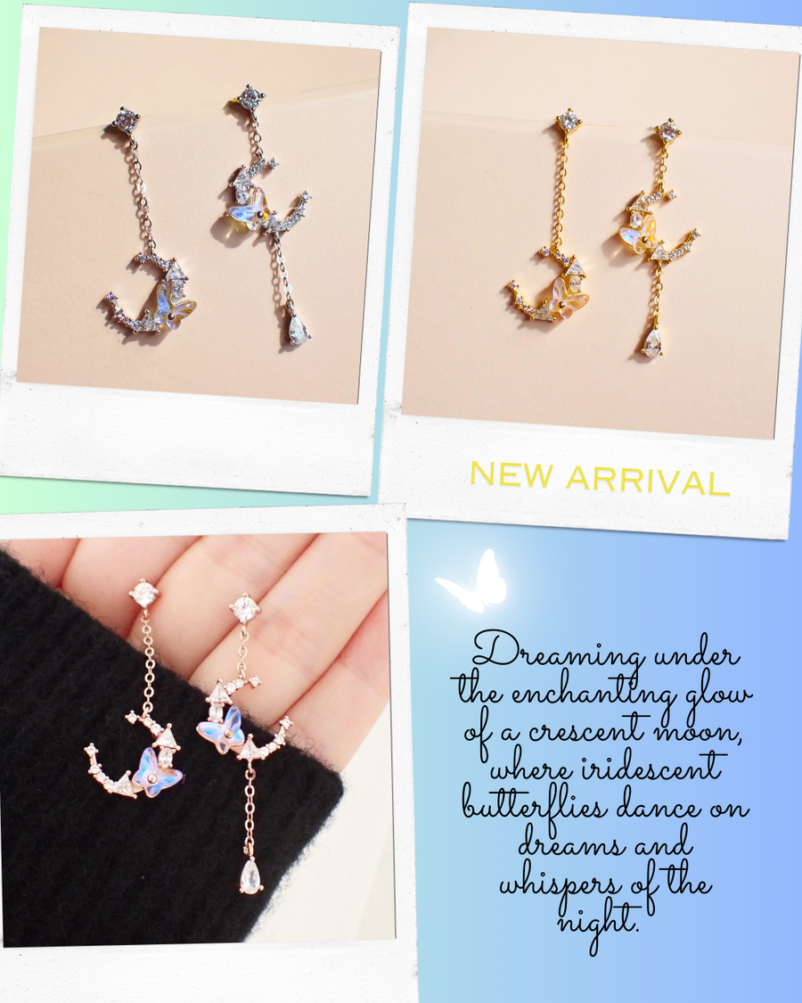 Aime Crescent Butterfly Dangling Earrings 925 Silver