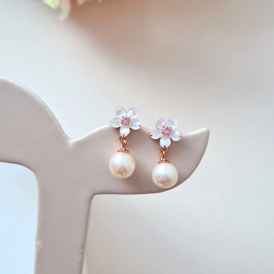 Dainty Sakura Pearl Earrings 925 Silver