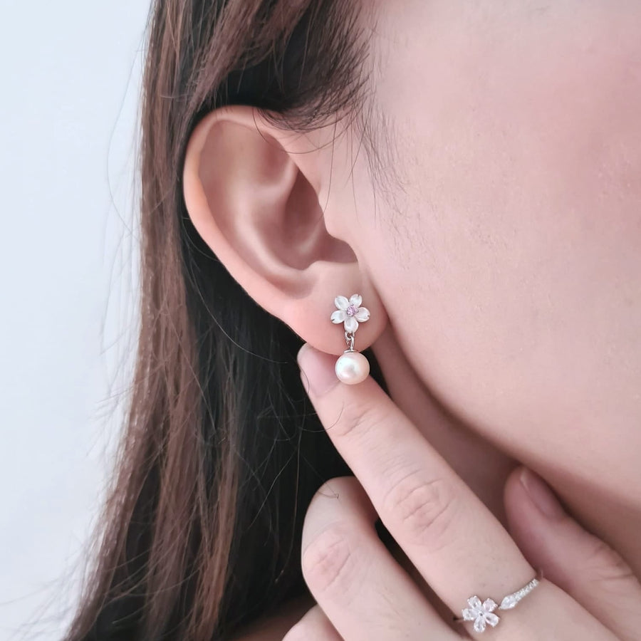 Dainty Sakura Pearl Earrings 925 Silver